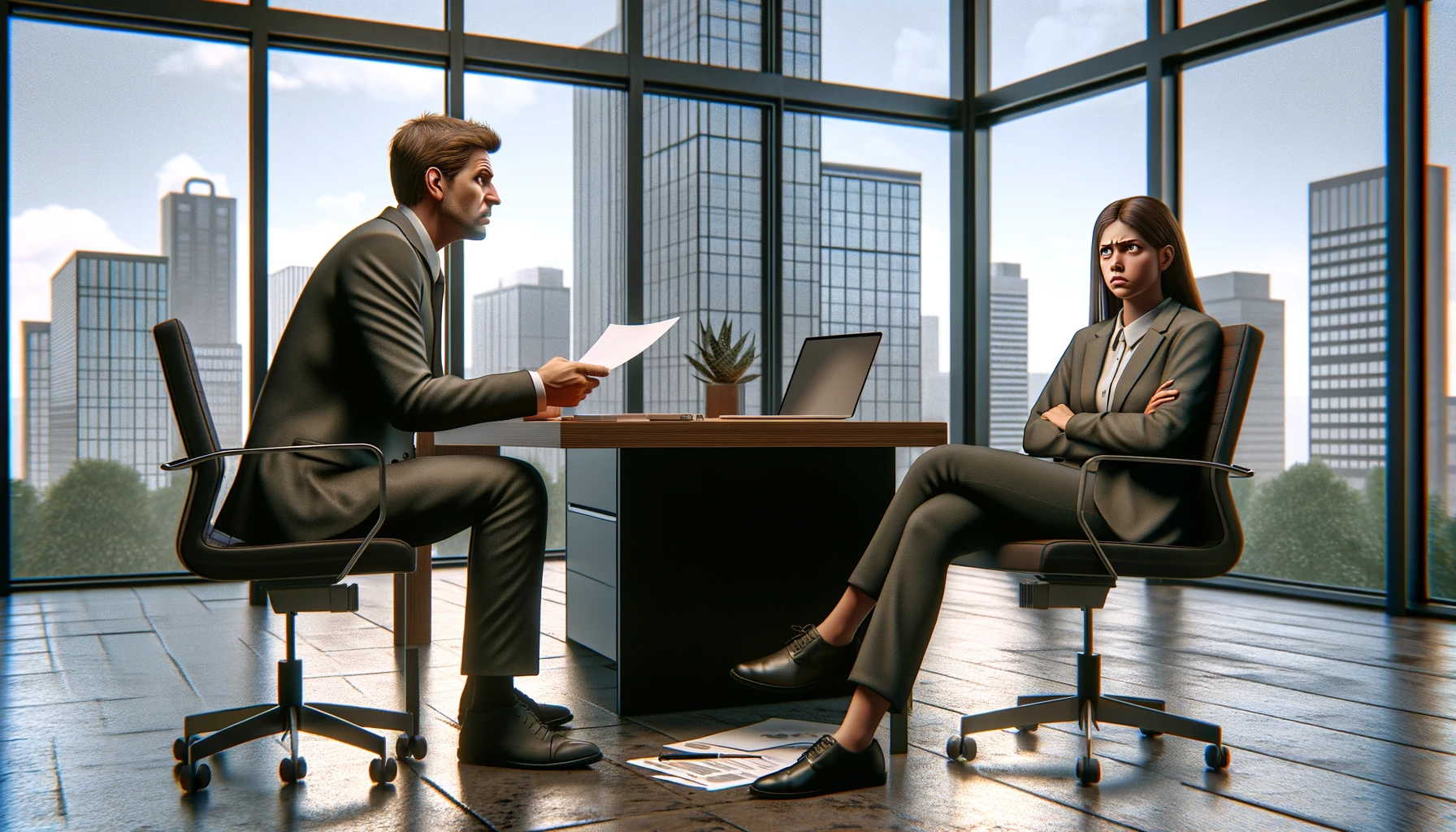 A corporate setting illustrating a Gen Z employee having an exit interview with a manager. The employee, a young woman with a frustrated expression