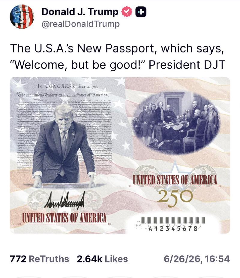 Скриншот записи Трампа по поводу нового дизайна паспорта